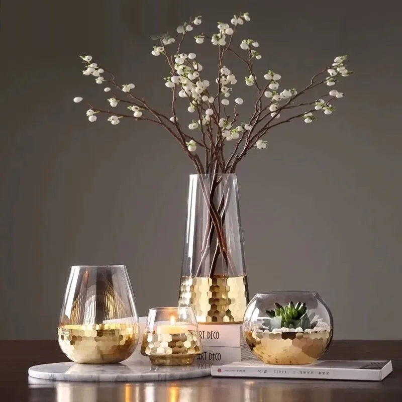 Creative Glass Vase Gilded Gold Base Dried Flower Flower Arrangement Vases Living Room Office Furnishings Home Decoration Modern