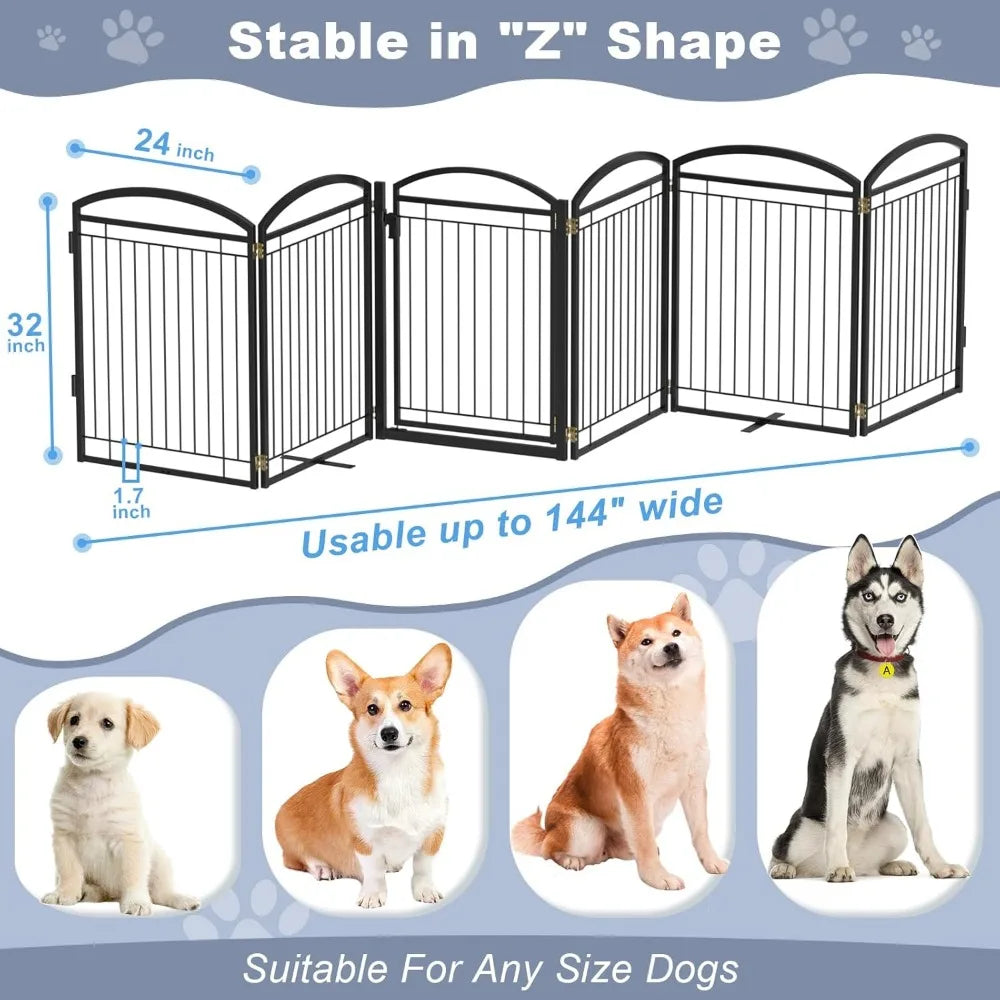 All-metal freestanding dog door, indoor and outdoor folding pet fence,extra wide freestanding wire high dog door(6 black panels)