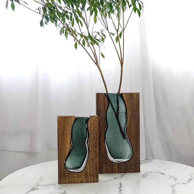 Wooden Glass Vase Decoration Water-Raised Flowers Living Room Dining Table Dry Flower Arrangement Container
