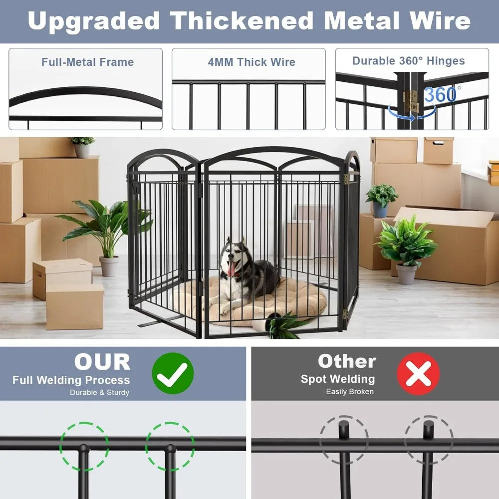 All-metal freestanding dog door, indoor and outdoor folding pet fence,extra wide freestanding wire high dog door(6 black panels)