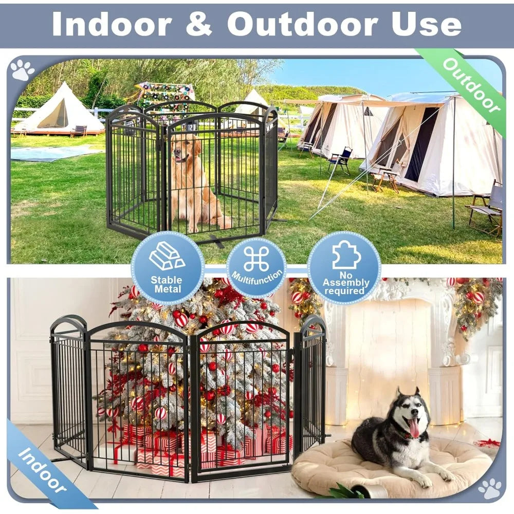 All-metal freestanding dog door, indoor and outdoor folding pet fence,extra wide freestanding wire high dog door(6 black panels)