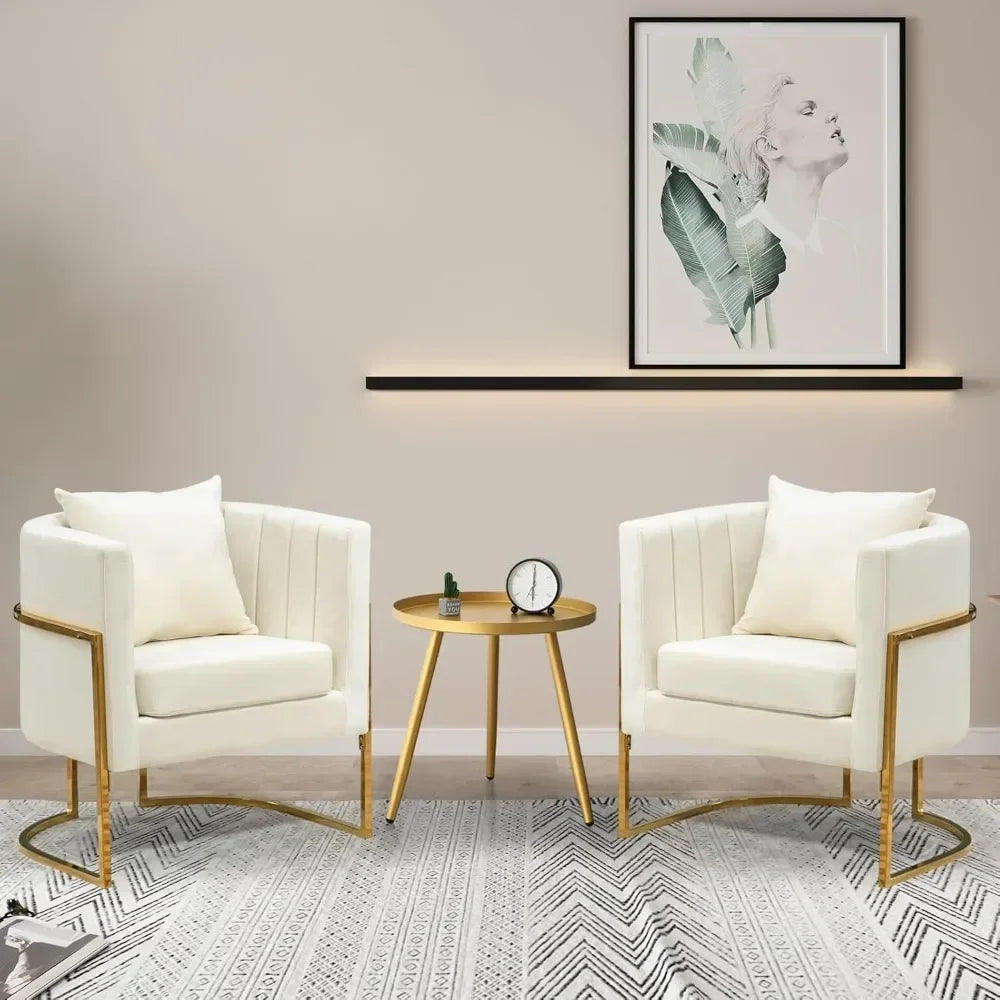 Accent Chairs Set of 2, Modern Upholstered Barrel Armchair with Pillow for Living Room, Comfy Chair for Bedroom, White