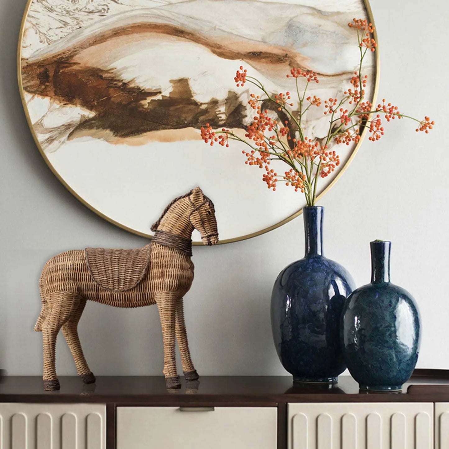 Retro Rattan Horse Statue Table Sculpture Figurine Decorative Art Crafts Handmade for Home Bookshelf Office Decor Gift