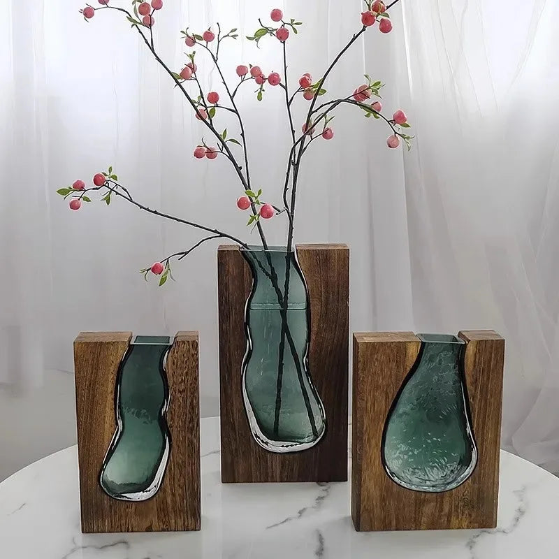 Wooden Glass Vase Decoration Water-Raised Flowers Living Room Dining Table Dry Flower Arrangement Container