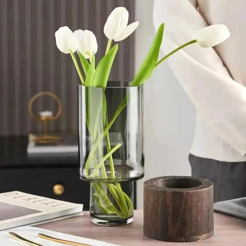 Wooden Glass Vase Decoration Water-Raised Flowers Living Room Dining Table Dry Flower Arrangement Container