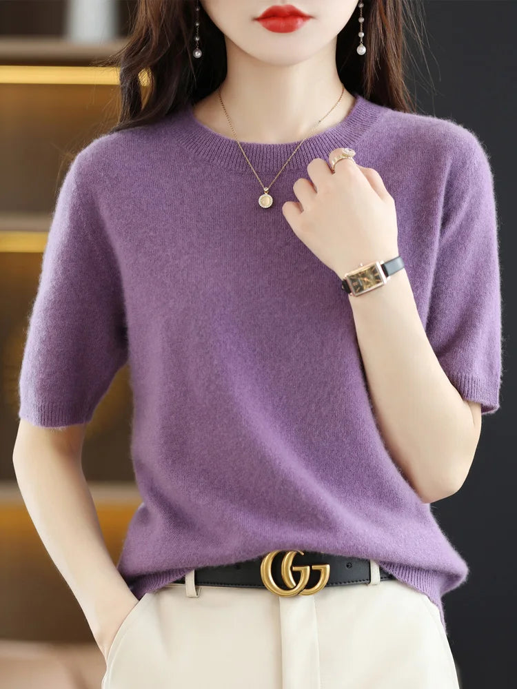 Women Merino Wool Sweater Cashmere Pullover Fashion Basic O-Neck Knitwear Short Sleeve Elegant T-Shirt Clothing Tops