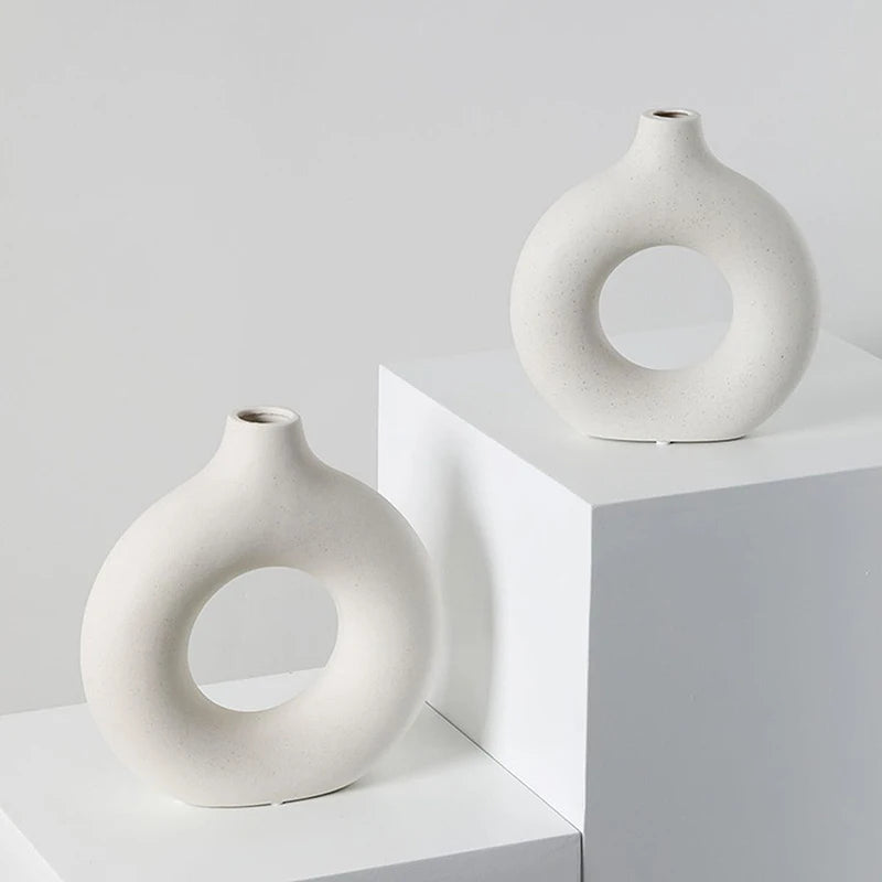 Creative Donut Ceramic Vase Floral Ornament Nordic Circular Hollow Flower Pot Home Office Desktop Living Room Interior Decor Set