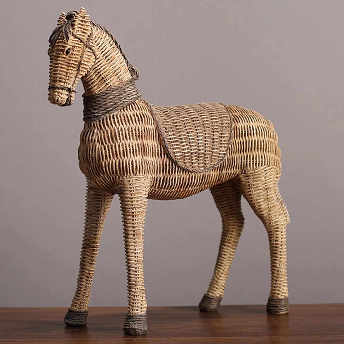 Retro Rattan Horse Statue Table Sculpture Figurine Decorative Art Crafts Handmade for Home Bookshelf Office Decor Gift