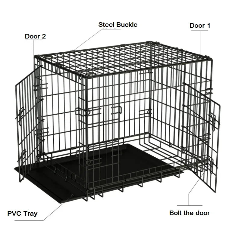 Folding Pet Cage Single Double Door Leak-Proof Plastic Pan Dog Crates 24/30/36/42/48 Inches Metal Dog Kennel for Big Pets