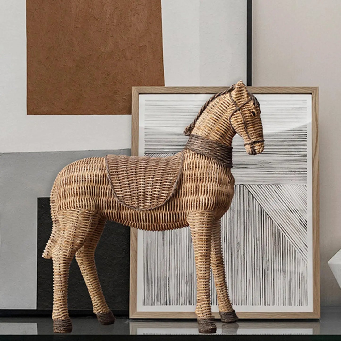 Retro Rattan Horse Statue Table Sculpture Figurine Decorative Art Crafts Handmade for Home Bookshelf Office Decor Gift