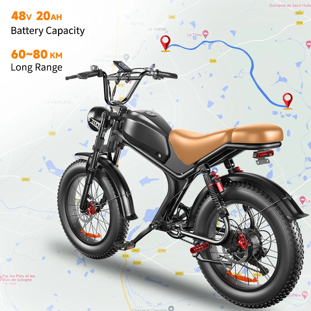 C93 1000W Motor E Bike 48V 20Ah Off Road Electric Bicycle 20"X4" Fat Tire 1000W Motor Ebike 2 Wide Seats