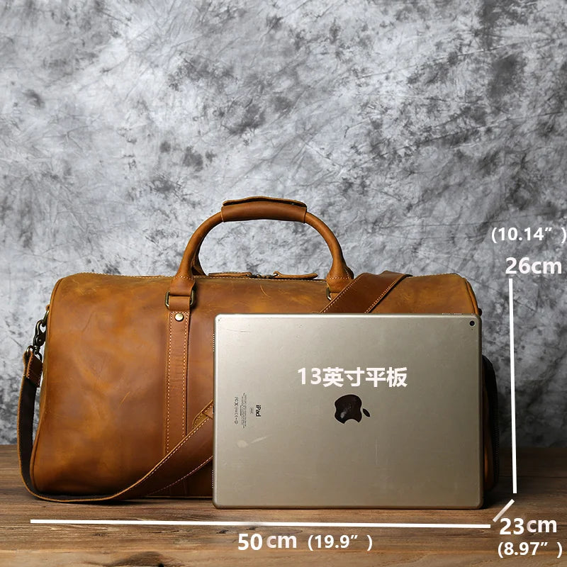 NZPJ Men's Retro Leather Travel Bag First Layer Cowhide Large-capacity Travel Bag Business Trip Handbag Shoulder Messenger Bag