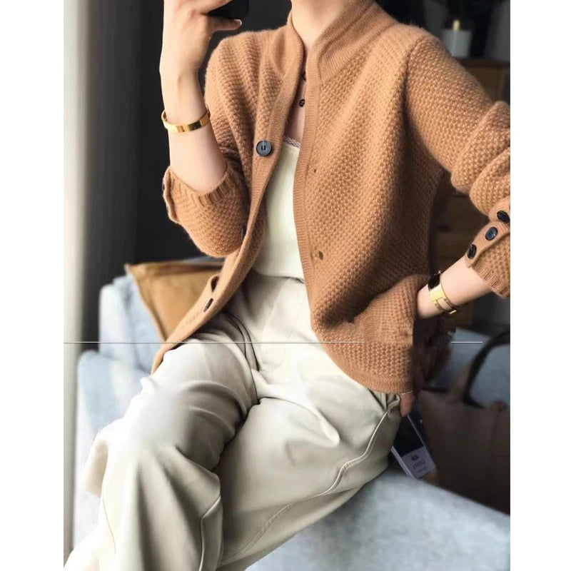 Women's Clothing Autumn Winter Vintage Simple Single Breasted Knitted Jacket Korean Fashion Solid Long Sleeve Chic Sweater Coat