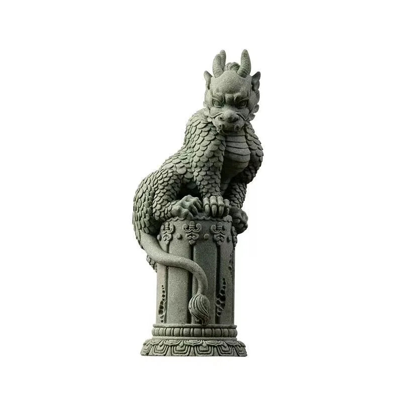 China Mascot Pan Dragon Pillar Decorative Statue Green sand stone sculpture Home Living Room, Room Office Feng Shui Statue