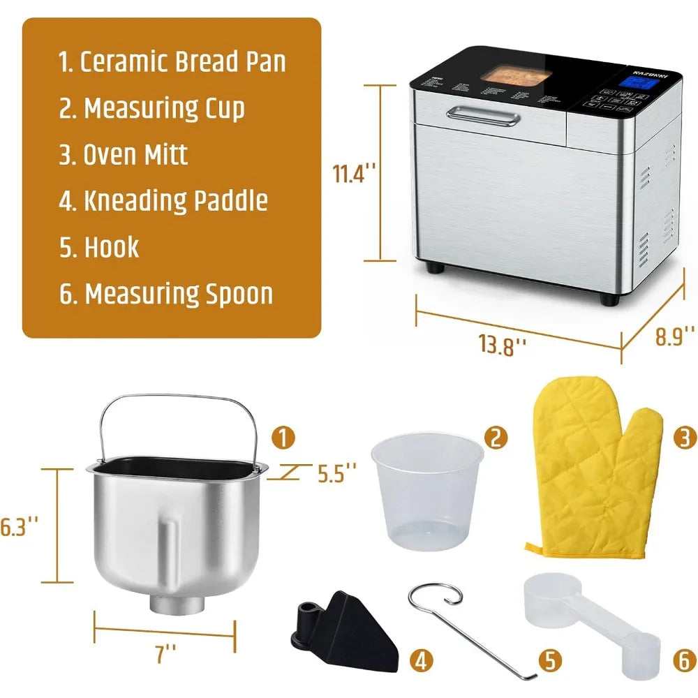 Bread Maker Machine Stainless Steel UL Certified, Nonstick Bread Pan, Homemade 2Lbs Breadmaker, Gluten-Free Setting