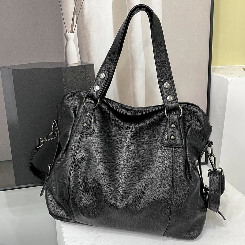 Women's Retro Roomy Shoulder Bag Quality Pu Leather Ladies Large Commuter Tote Handbag Female Luxury Black Classic Crossbody Bag