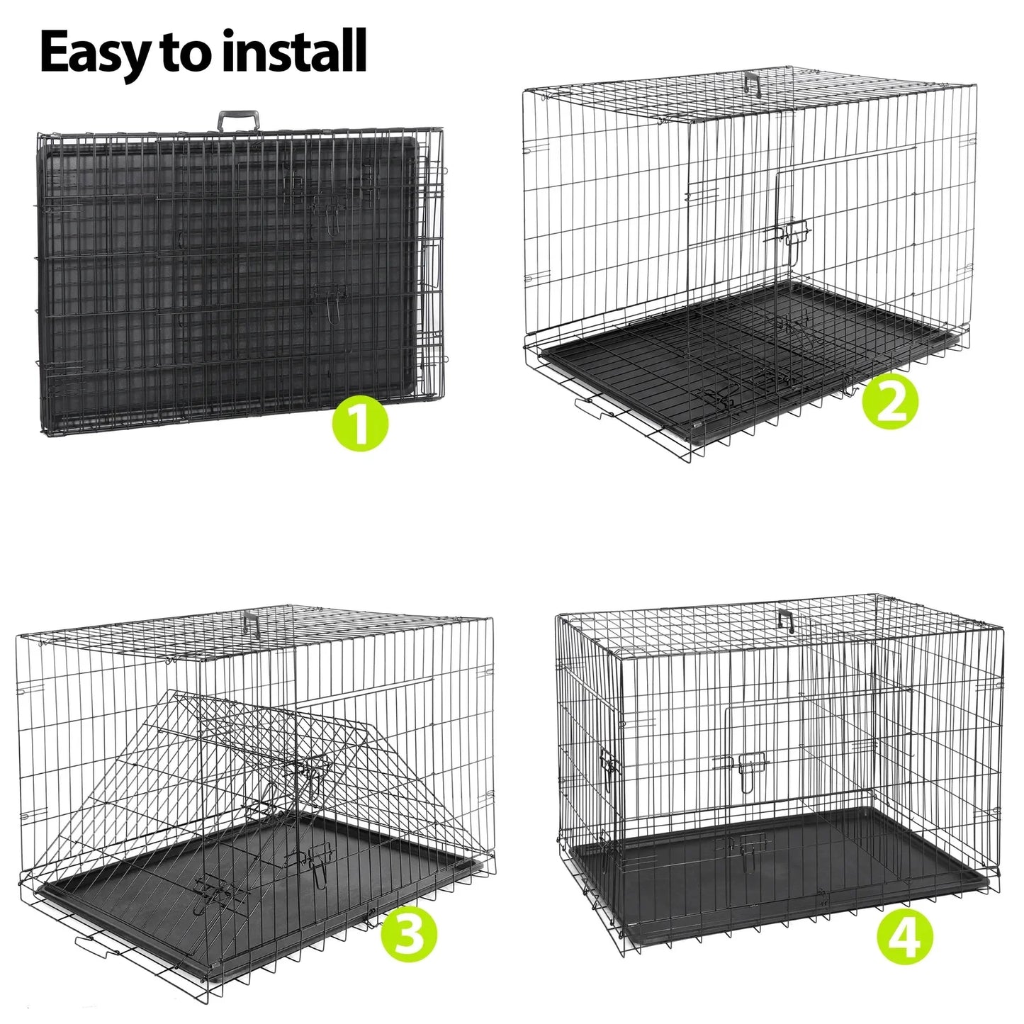 24" 30" 36" Dog Crate Kennel Folding Metal Pet Cage 2 Door With Tray Pan Black