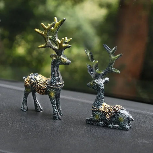 11cm Mini 2-Pieces Resin Deer Figurine Statue Miniature Cute Deer Sculpture Home Desktop Car Dashboard Decoration Craft Gift