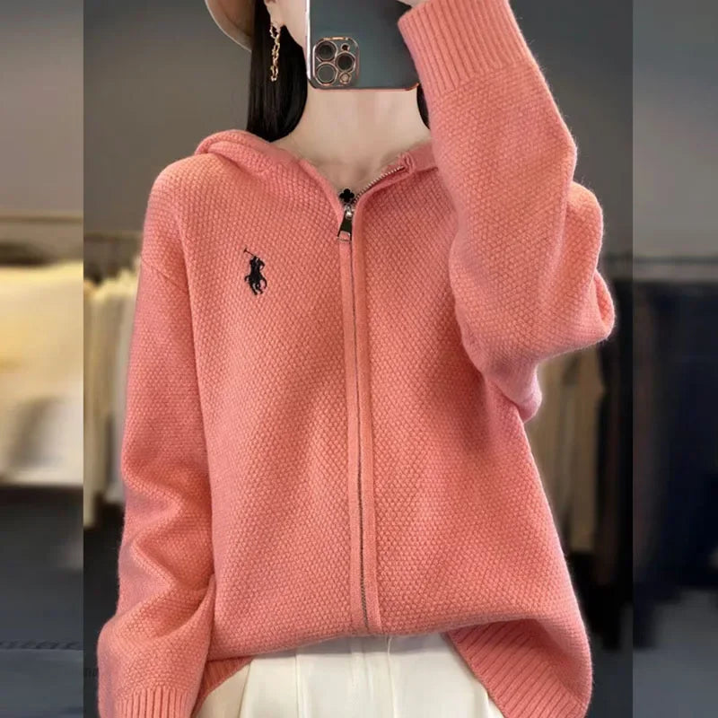 Women's Clothing Solid Embroidery Loose Loose Knitted Cardigan Autumn Winter Basic Hooded Soft Wool Thick Casual Sweater