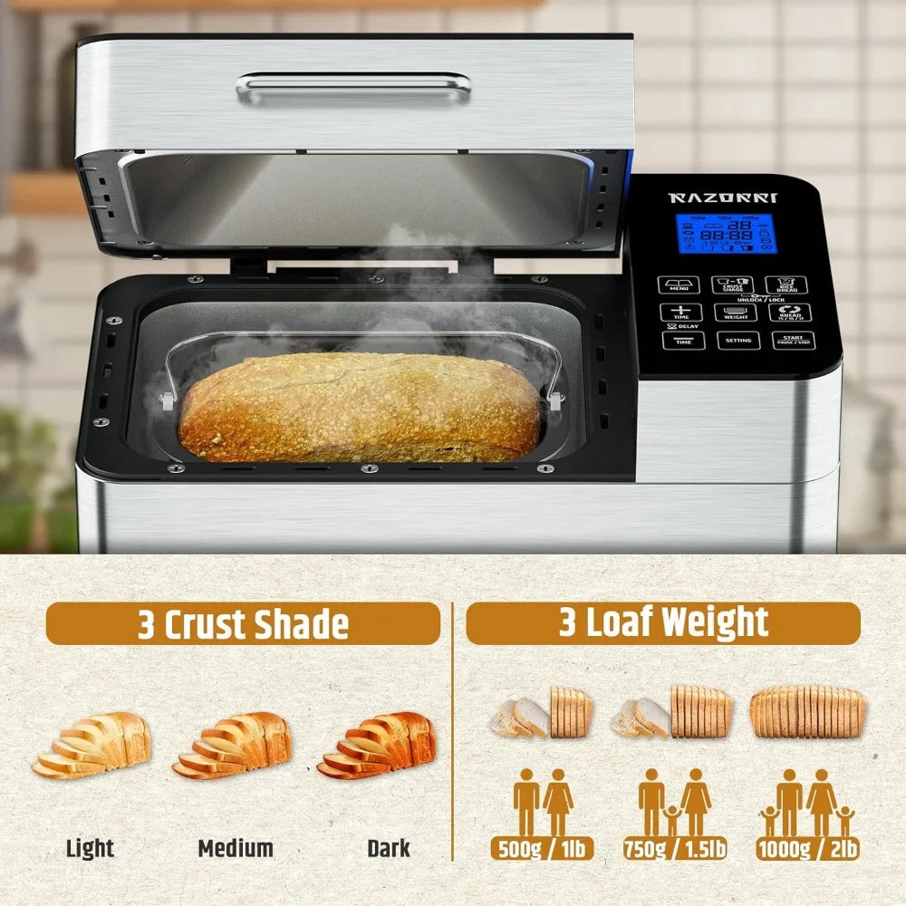 Razorri Bread Maker Machine Stainless Steel UL Certified, Nonstick Bread Pan, Homemade 2Lbs Breadmaker, Gluten-Free Setting