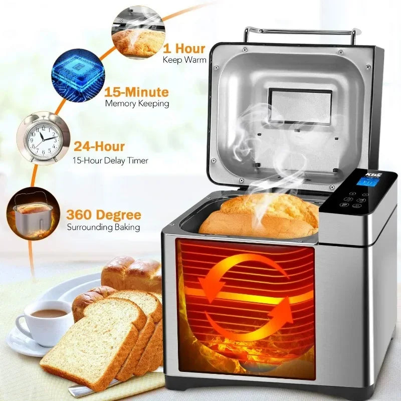 KBS Pro Stainless Steel Bread Machine, 2LB 17-in-1 Programmable XL Bread Maker with Fruit Nut Dispenser