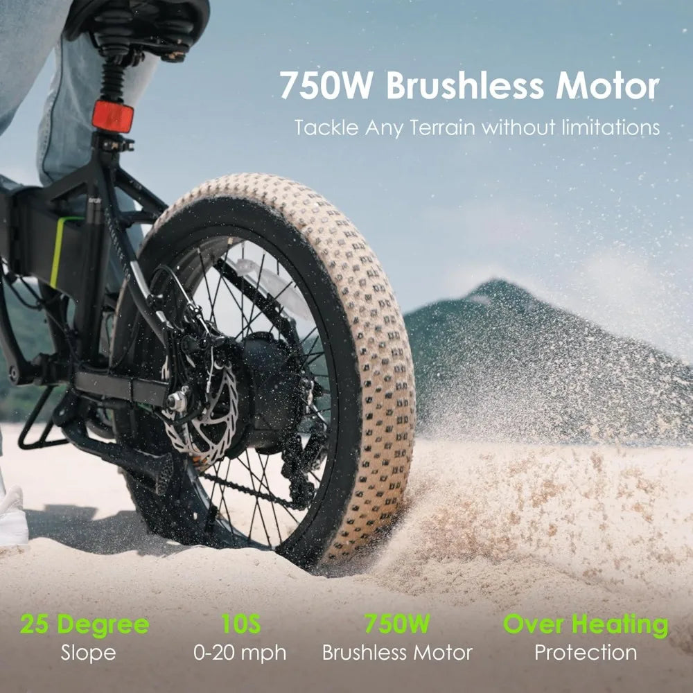 Folding Electric Bike for Adults, 750W Brushless Motor(Peak 1000W), 48V 12Ah Hidden Battery 20" Fat Tire Ebike, 7 Speed Gear