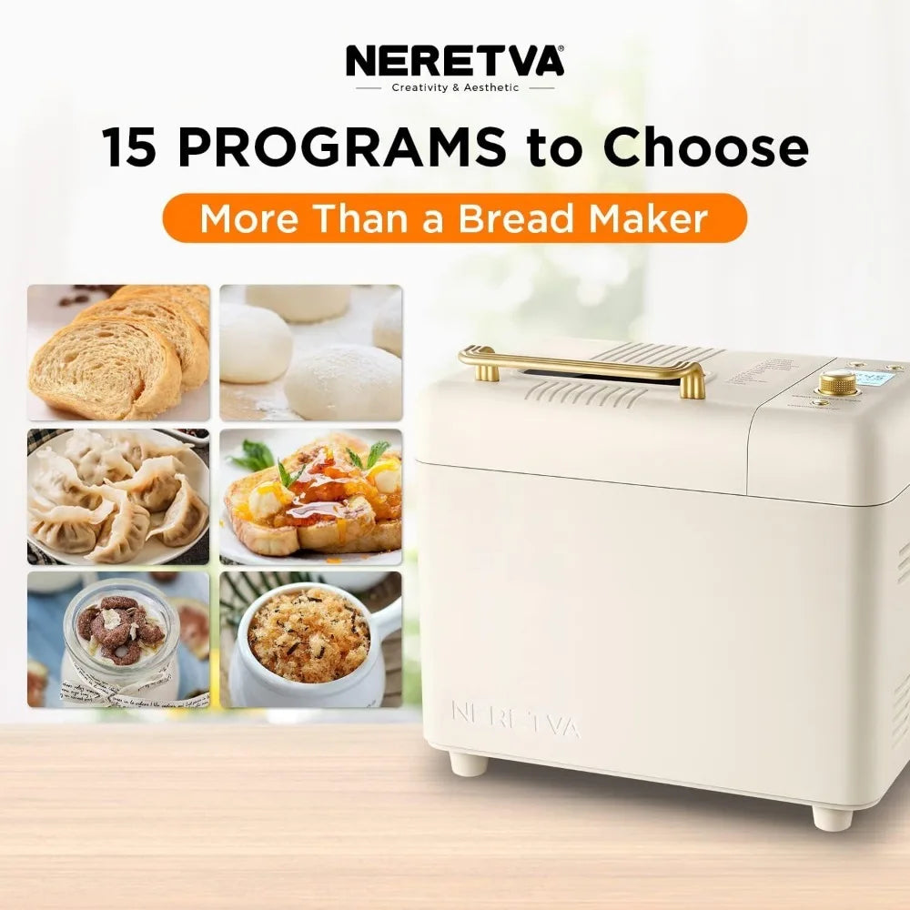 Neretva Bread Maker Machine, 15-in-1 2LB Automatic Breadmaker with Gluten Free Sourdough Setting,