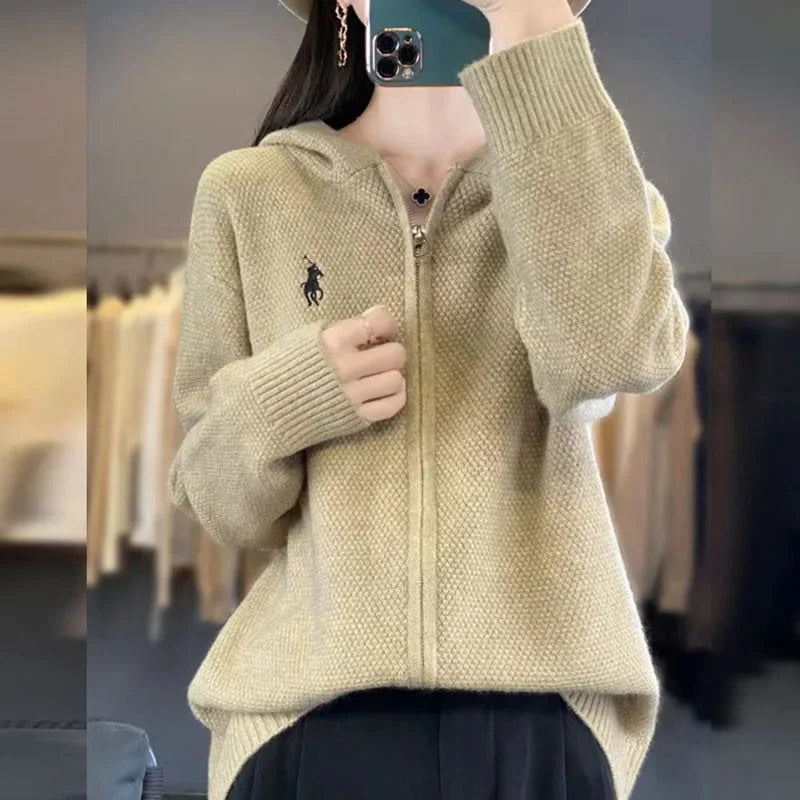 Women's Clothing Solid Embroidery Loose Loose Knitted Cardigan Autumn Winter Basic Hooded Soft Wool Thick Casual Sweater