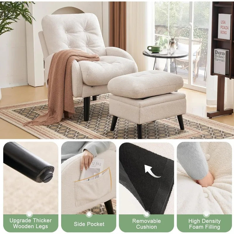 Accent Chair with Ottoman, Teddy Fabric Comfy Chair and Storage Ottoman Set,Reading Chair with Adjustable Backrest & Side Pocket