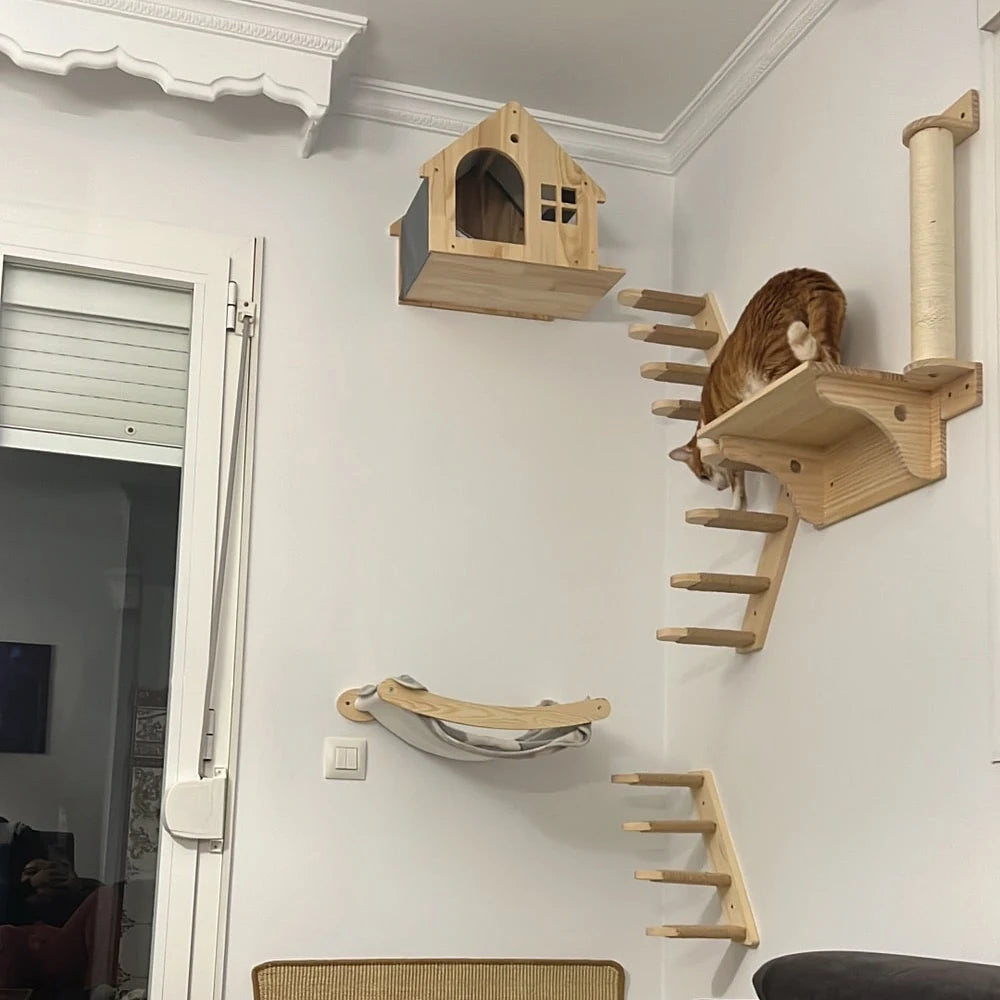 Cat Wall Mounted Wooden Cat House and Hammock for Kitten Living Platform and Ladder for Jumping Climbing Cat Indoor Furniture