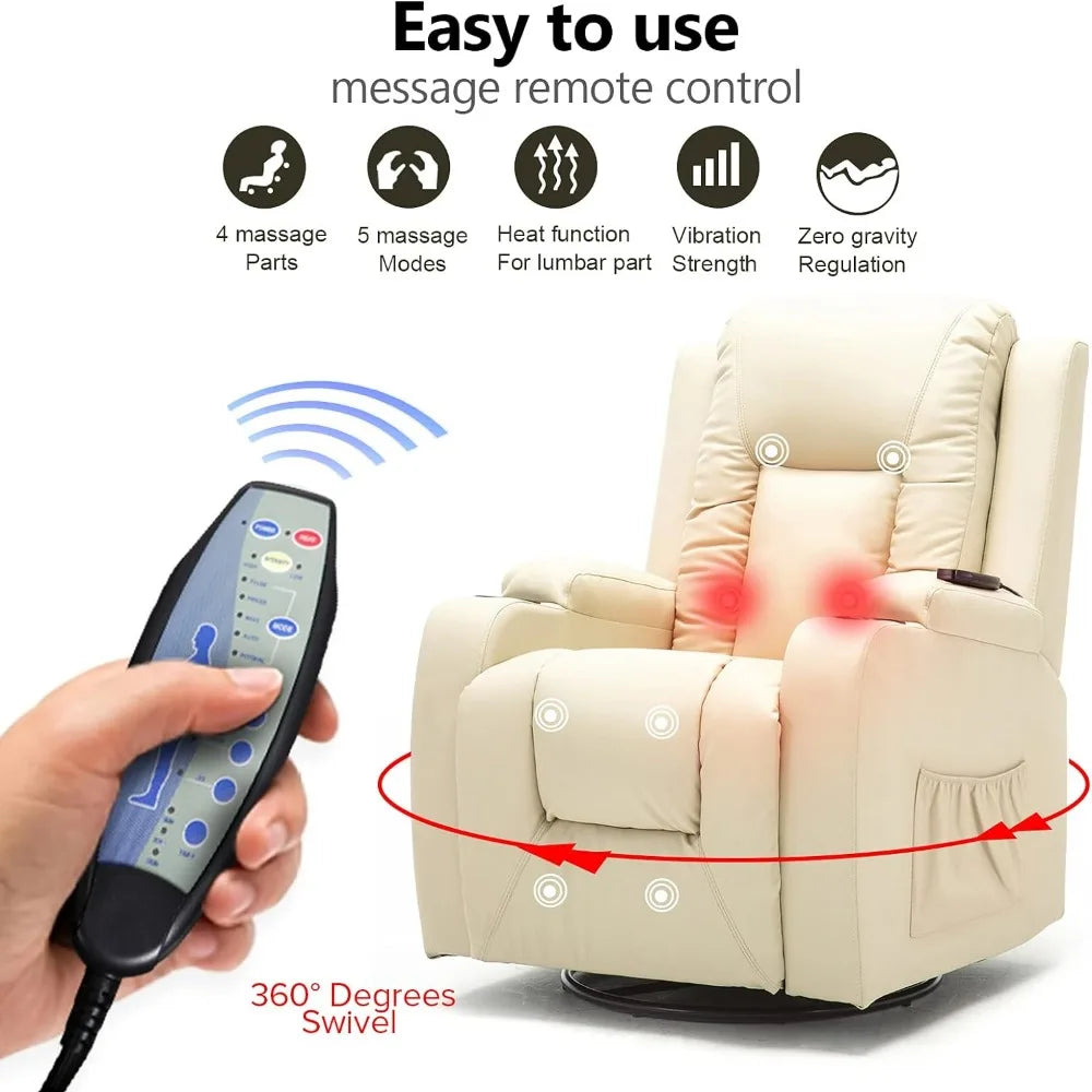 Recliner Chair Massage Rocker with Heated PU Leather Ergonomic Lounge 360 Degree Swivel Sofa Seat