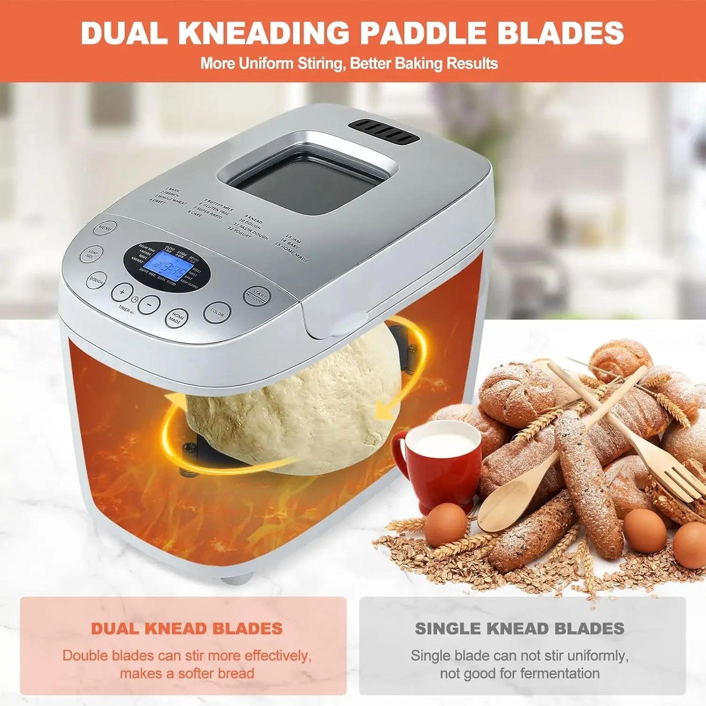 3.5LB Bread Maker Machine 15-in-1 Automatic Bread Machine with Dual Kneading Paddles Breadmaker with Touch Panel&LCD