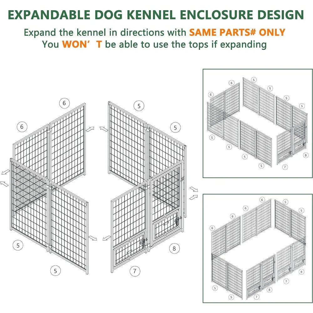 Dog Kennel Outdoor Indoor with Roof and Rotating Feeding Doors, Large Metal Dog Pen Enclosure House Heavy Duty