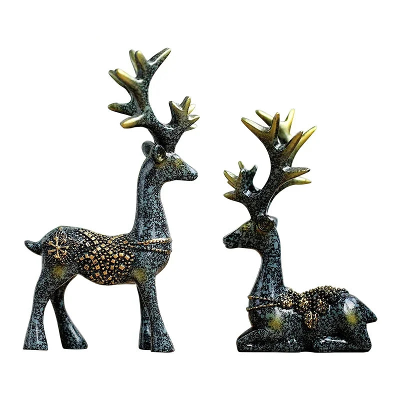 11cm Mini 2-Pieces Resin Deer Figurine Statue Miniature Cute Deer Sculpture Home Desktop Car Dashboard Decoration Craft Gift