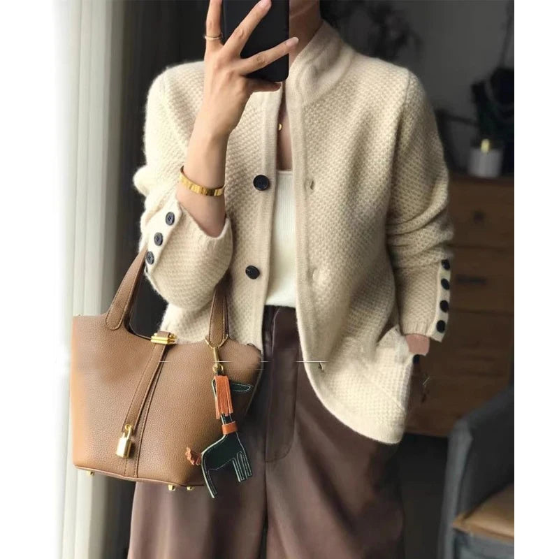 Women's Clothing Autumn Winter Vintage Simple Single Breasted Knitted Jacket Korean Fashion Solid Long Sleeve Chic Sweater Coat