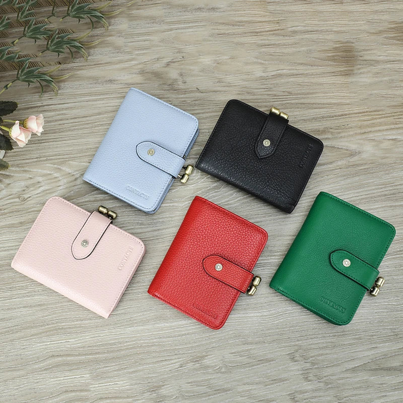 Contact'S Women Short Coin Purse Metal Frame Green Genuine Leather Wallet Credit Card Holder Fashion Small Wallets for Woman