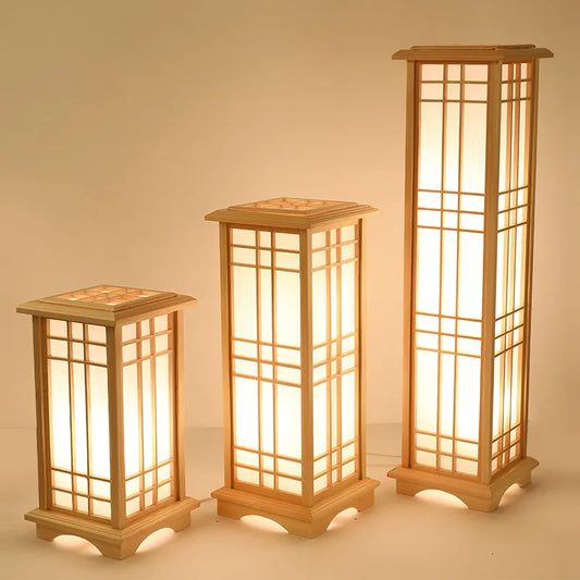 SANDYHA Japanese style wood Floor Lamp bedroom decoration standing lamps for Living Room led lights Study Lighting Square design