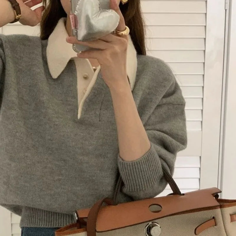 Deeptown Vintage Long Sleeve Female Sweater Korean Style Youthful Woman Gray Jerseys Office Wear Elegant Ladies Knit Pullovers