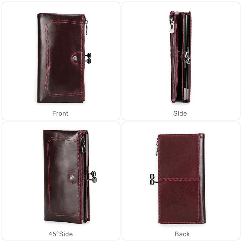 Contact'S Long Wallet Women Genuine Leather Metal Frame Credit Card Holder Hasp and Zipper Woman Phone Purse 4 Color