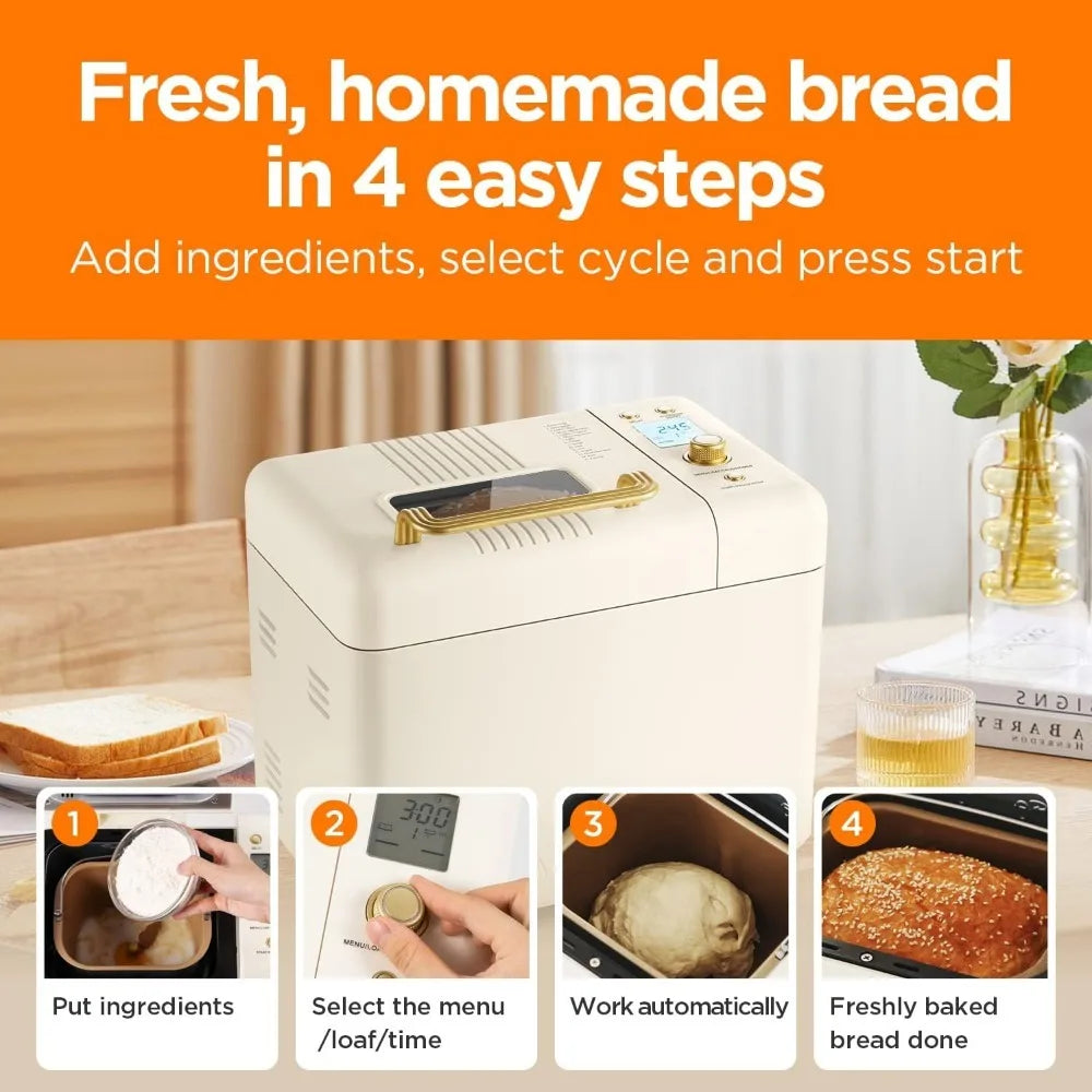 Neretva Bread Maker Machine, 15-in-1 2LB Automatic Breadmaker with Gluten Free Sourdough Setting,