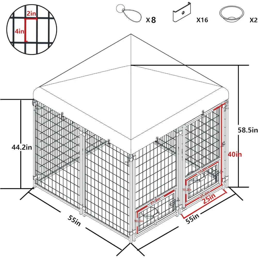 Dog Kennel Outdoor Indoor with Roof and Rotating Feeding Doors, Large Metal Dog Pen Enclosure House Heavy Duty