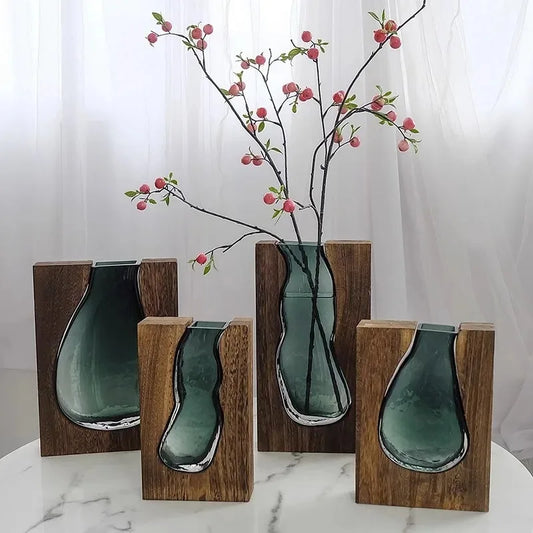 Wooden Glass Vase Decoration Water-Raised Flowers Living Room Dining Table Dry Flower Arrangement Container