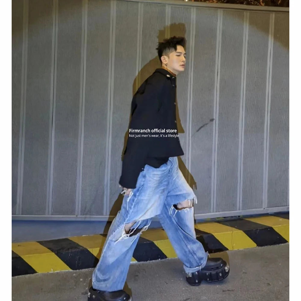 Firmranch 2023 Blue Baggy Jeans For Men Women Big Hole Ripped Mopping Flared Denim Pants Streetwear Oversize Version Trousers