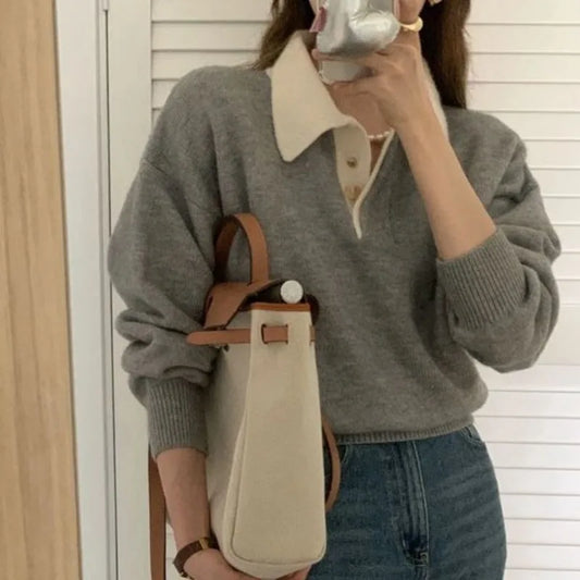 Deeptown Vintage Long Sleeve Female Sweater Korean Style Youthful Woman Gray Jerseys Office Wear Elegant Ladies Knit Pullovers