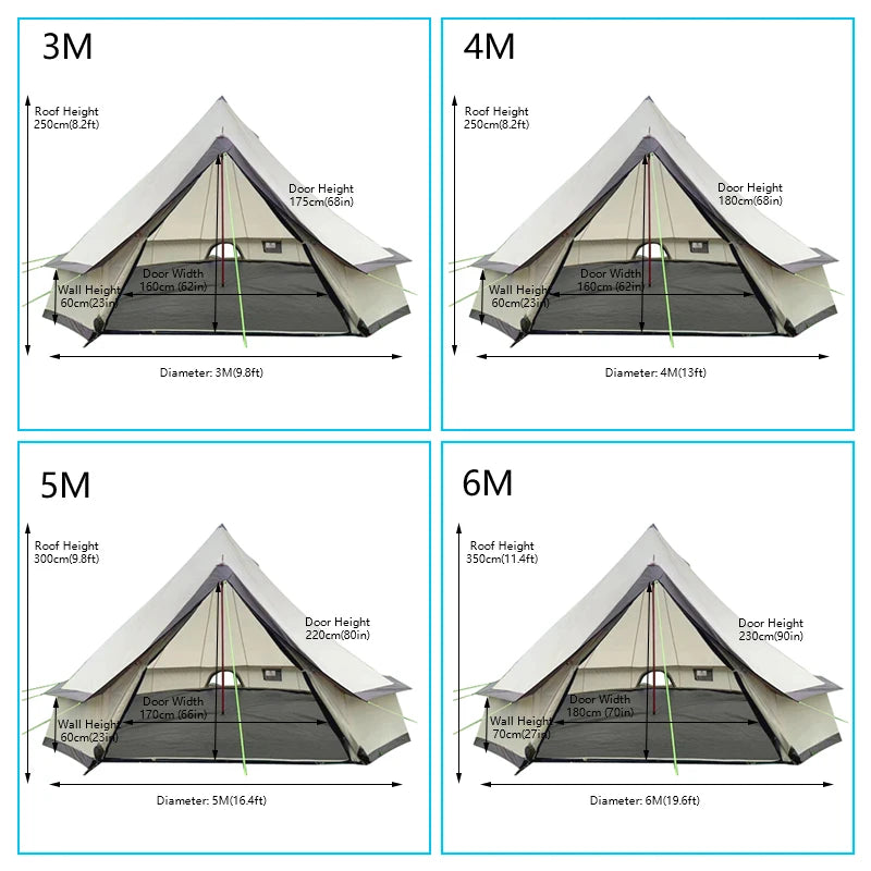 Tenda Camping 3-4 People Cotton Canvas Outdoor Luxury Family Glamping Teepee Yurt Bell Pyramid Tent For Sale