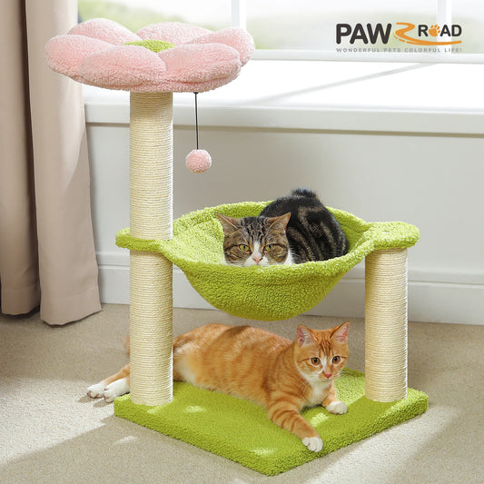 Pink Cat Scratching Post with Sisal Rope Cat Scratcher Tree Towel with Comfortable Spacious Hammock Cats Climbing Frame