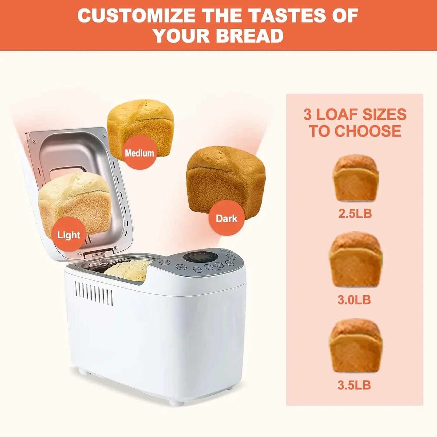 3.5LB Bread Maker Machine 15-in-1 Automatic Bread Machine with Dual Kneading Paddles Breadmaker with Touch Panel&LCD