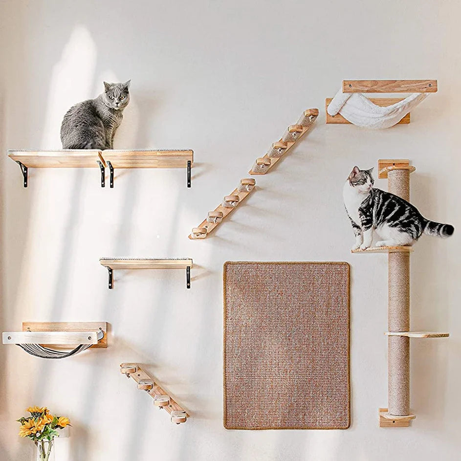 Wall-mounted Cat Hammock Bed Pet Furniture Kitten Wall Shelf Set Cat Perch Wooden Scratching Climbing Post Cat Tree House Toy