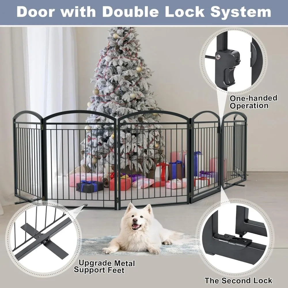 All-metal freestanding dog door, indoor and outdoor folding pet fence,extra wide freestanding wire high dog door(6 black panels)