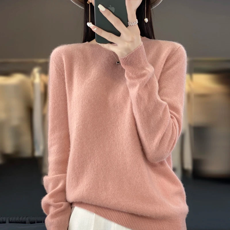 Autumn Winter 100% Merino Wool cashmere Sweater O-Neck Long Sleeve Cashmere Women Knitted Pullover Clothing Top